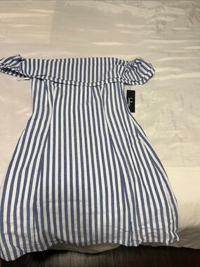 Lulu's Blue and White Striped Off-Shoulder Dress